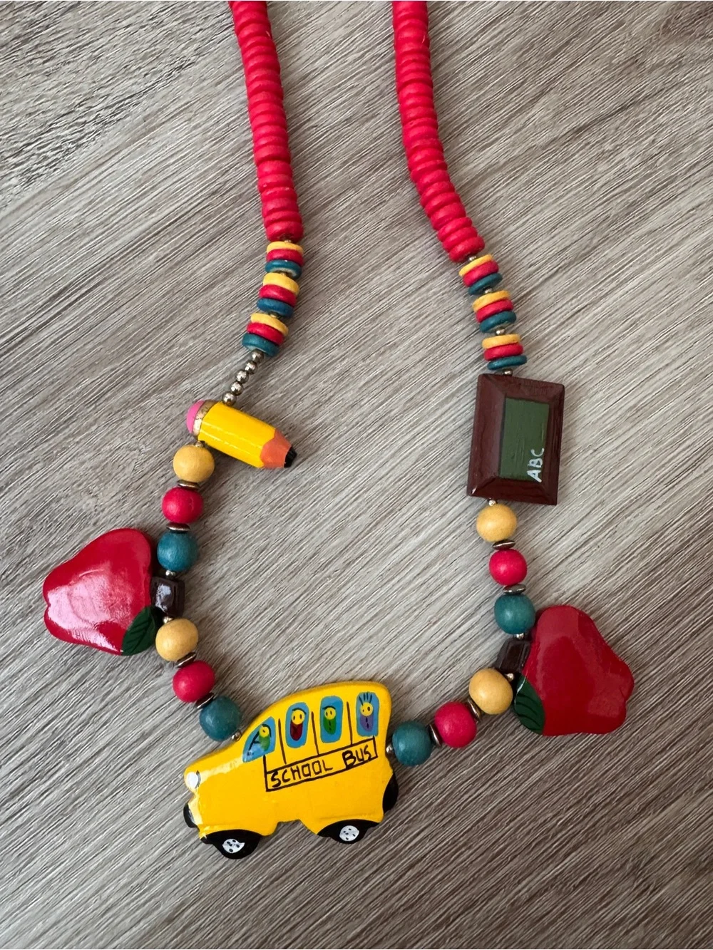 Teacher School Necklace Beaded Pencil Apple Bus Whimsical Vintage Red